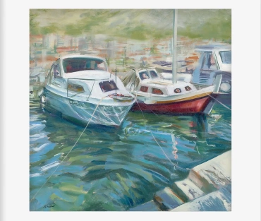 Marina Giclée Print by Julie Swinsco. Limited edition of three small boats, tethered within a Marina in Dubrovnik, signed and mounted ready for framing.