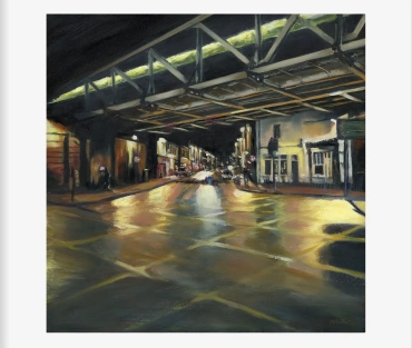 Night Train from Leam Giclée Print by Julie Swinsco. Limited edition Leamington Spa nightscape, signed and mounted ready for framing.