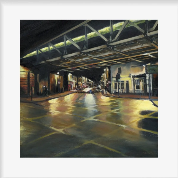 Night Train from Leam Giclée Print by Julie Swinsco. Limited edition Leamington Spa nightscape, signed and mounted ready for framing.