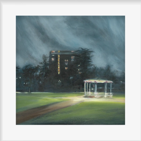 Transform your space with the stunning Nocturn Bandstand Giclée Print, inspired by a stormy night in Leamington Spa. Own this captivating artwork!
