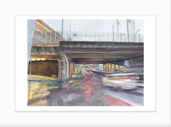 Queensway Underpass – Great Charles Street Giclée Print by Julie Swinsco. Limited edition Birmingham print, signed and mounted ready for framing.