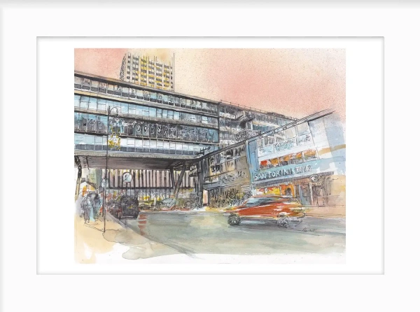 Hurst Street Giclée Print by Julie Swinsco. A limited edition Birmingham cityscape print, signed, mounted, and ready for framing.