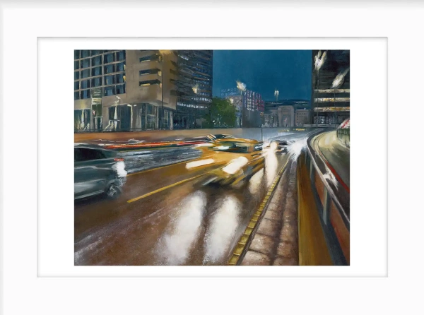 Rush Hour, Suffolk Street Giclée Print by Julie Swinsco. Limited edition print of Birmingham nightlife, signed and mounted for easy framing.