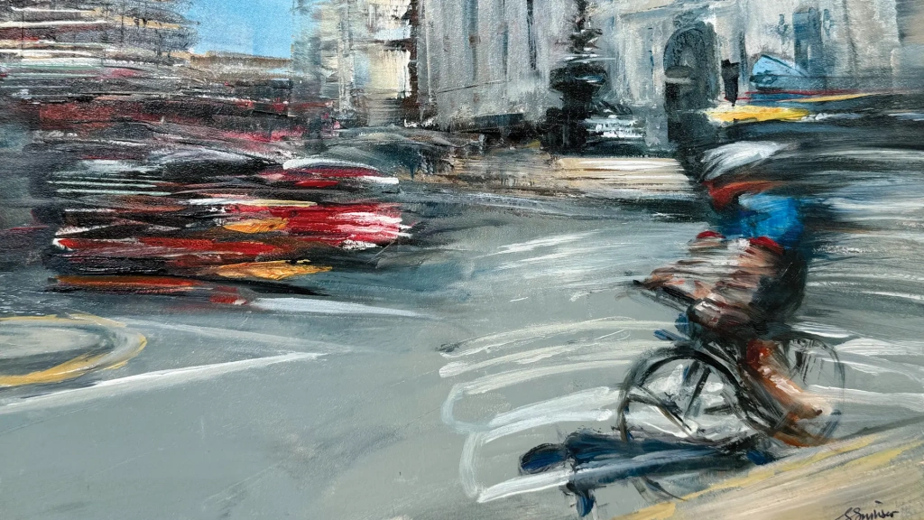 Oil painting - Piccadilly Rush Hour, being exhibited at Broadway Contemporary Art